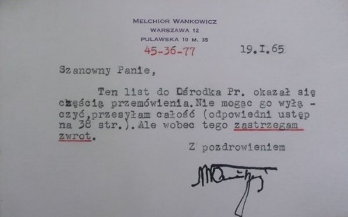 Melchior Wańkowicz - autograph 1965