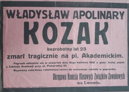 1936 Lwów nekrolog Władysław Kozak,bezrobotny
