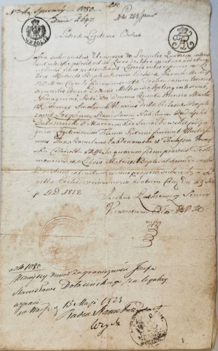 Poświadczenie zagraniczności, 1823r.[podpis. K.F. Woyda – radca stanu Król.Pol., Prez. Warszawy]