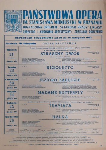 Opera w Poznaniu: repertuar tygodniowy XI 1961