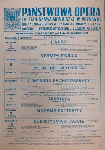 Opera w Poznaniu: repertuar tygodniowy XII 1961