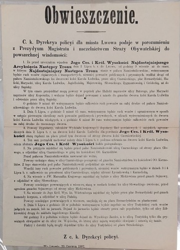 Obwieszczenie Dyrekcya policyi dla miasta Lwowa...[Przyjazd  Rudolfa Habsburga, 1887]