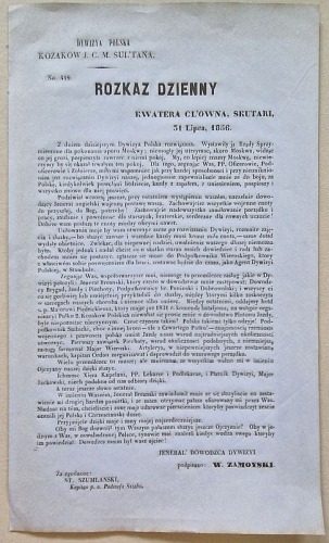 1856 Rozkaz Dzienny No 419, Dywizja Polska Kozaków. Generał W. Zamoyski