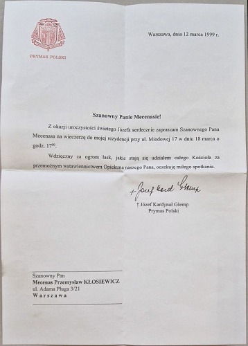 Glemp Kardynał Józef- autograf na papeterii Prymasa Polski [1999 rok]