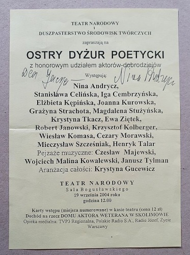 Andrycz Nina - dedykacja, ulotka Teatru Narodowego.