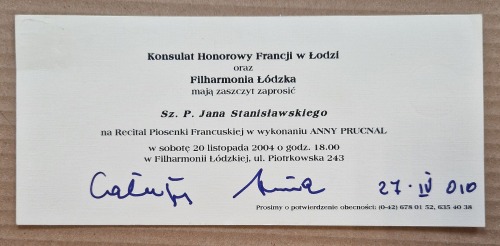 Anna Prucnal - autograf na zaproszeniu.
