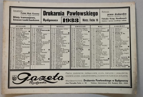 [Kalendarz] Drukarnia Pawłowskiego Bydgoszcz 1933, Gazetka Bydgoska