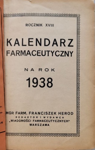 Kalendarz Farmaceutyczny na rok 1938. 