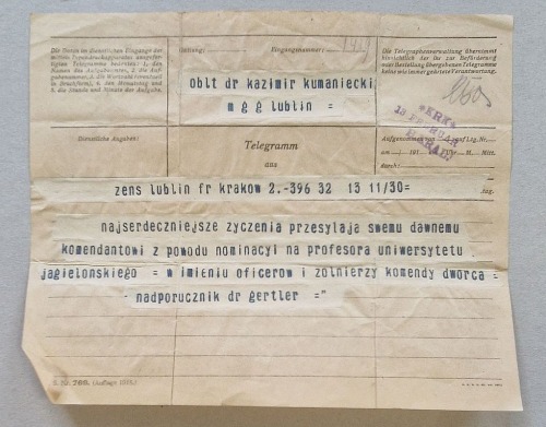 [Telegram]do dr Kazimierza Wł. Kumanieckiego prof. UJ, od nadpor. dr Gertlera, 1917