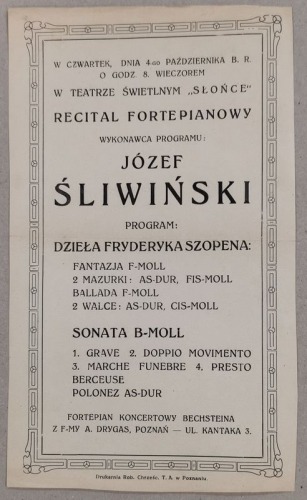 /Program/ Teatr Świetlny „Słońce”, Poznań - Józef Śliwiński, recital fortepianowy, po 1927