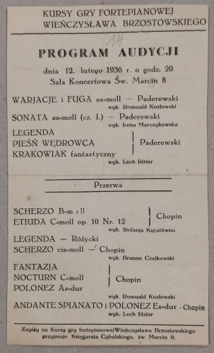 /Program/ Kursy gry fortepianowej Wieńczysława Brzostowskiego, 1936