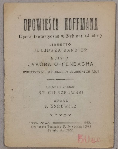 /Libretto/ Opowieści Hoffmana, J. Offenbach. Opera fantastyczna, 1923