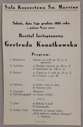 /Program/ Sala Koncertowa Św. Marcina – Recital fortepianowy Gertruda Konatkowska, 1935.