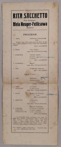 /Program/ Rita Sacchetto, program występu, Poznań, 1919