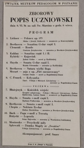 /Program/ Związek Muzyków Pedagogów w Poznaniu, popis uczniowski, 1936