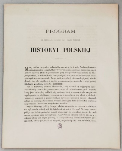 Trentowski B. – Program do pozyskania godnej nas i czasu naszego Historyi Polskiej 29.XI.1863