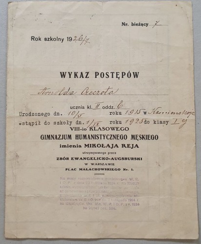 Świadectwo z Gimnazjum Im. Mikołaja Reja, 1926/27