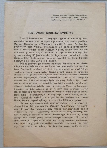 Koźmiński K., Testament królów-rycerzy – otwarcie gmachu Muzeum Wojska Polskiego