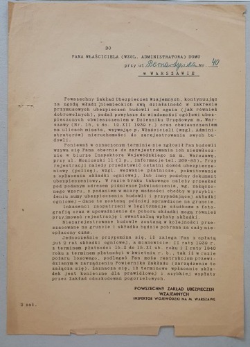 PZU – wezwanie do rejestracji budynku i zapłaty ubezpieczenia od ognia, 1940r. [ul. Bernardyńska]