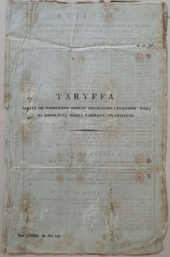 Taryffa opłaty od wszelkiego rodzaiu produktów ... wodą spławianych (1845r.)