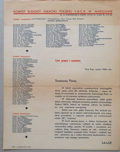 /YMCA/ Komitet Budowy Gmachu YMCA w Warszawie. List piąty, 1934