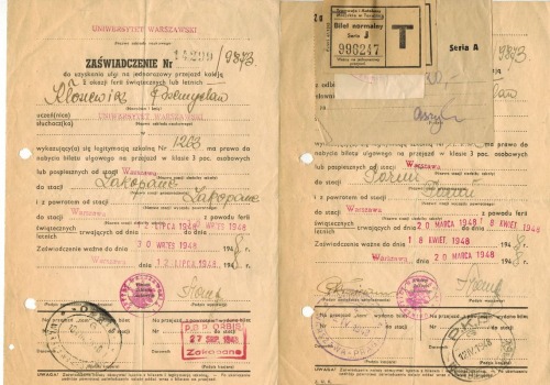Zaświadczenie z UW do uzyskania ulgi na przejazd(x2), plus bilety, 1948r.