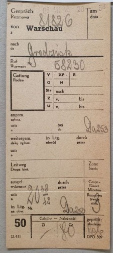 Zlecenie rozmowy międzymiastowej Warszawa-Grodzisk, 3.VII.1943