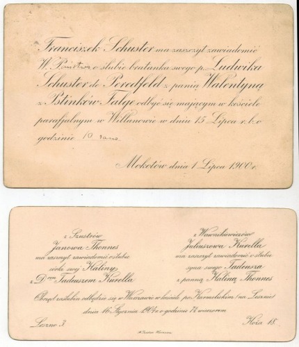 [Zaproszenia] Szuster (Franciszek, Antoni i Zofia, Otton,...), na śluby z lat 1875-1904 [Mokotów]