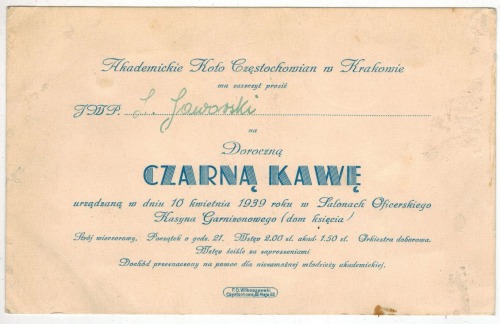 [Zaproszenie na Czarną Kawę, 19.04.1939] Akademickie Koło Częstochowian w Krakowie
