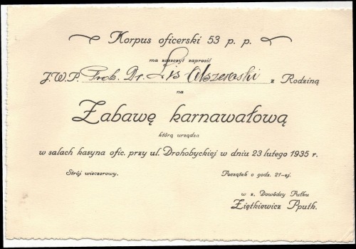 [Zaproszenie] na zabawę karnawałową, Korpus oficerski 53 p.p. Stryj.