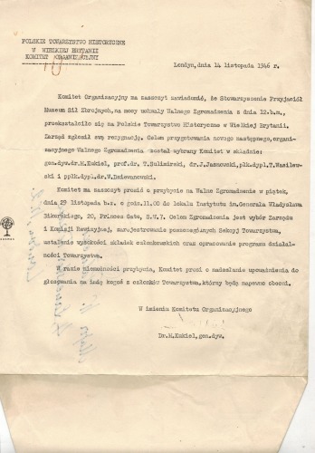 Polskie Towarzystwo Historyczne – zaproszenie z 14 XI 1946 od Kom. Org.