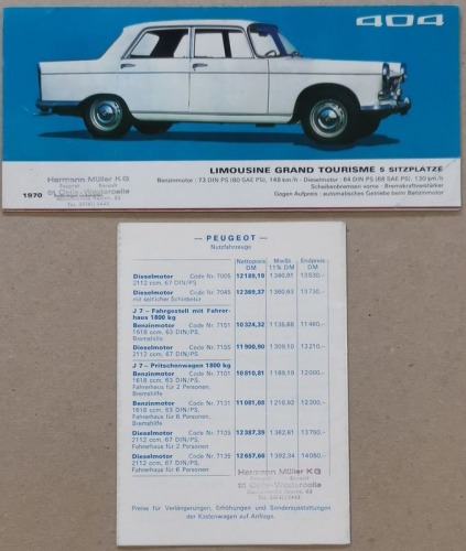 /Reklama/ Peugeot 204, 304, 404, 504 – folder modeli na rok 1970, po niemiecku + cennik