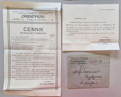 /Cennik/ materjałów dywanowych, „Orientpers” [1933, koperta i 2 druki reklamowe]