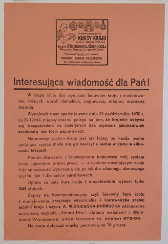 [Reklama] Kurs kroju, Wiśniewska-Dobrucka, Warszawa, po 1930.