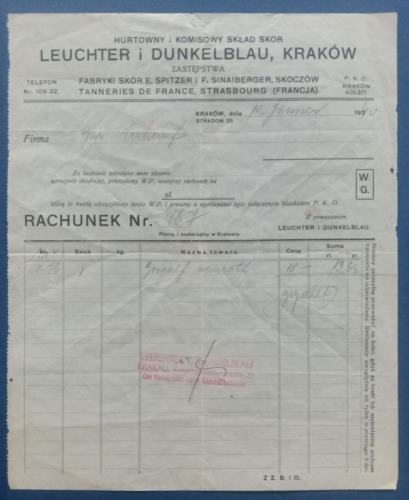 /Rachunek/ Skład Skór  Leuchter i Dunkelblau, Kraków, 1940