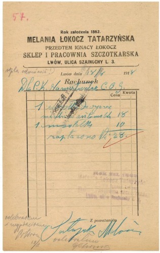 /Rachunek/ Melania Łokocz Tatarzyńska – Sklep i pracownia szczotkarska, 18.8.1918
