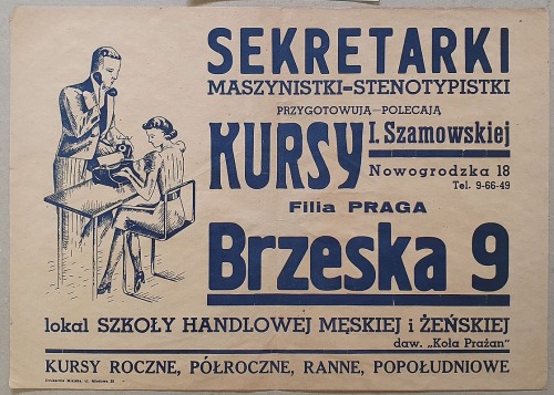 [Plakat – reklama] Kursy sekretarek I. Szamowskiej Warszawa-Praga, lata 40-te XX w.