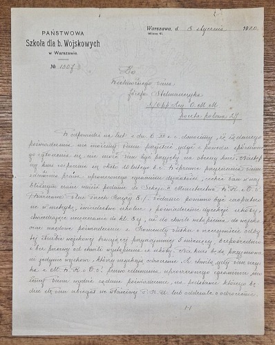 Państwowa Szkoła dla b. Wojskowych w Warszawie, List w sprawie przyjęcia na kurs. 1920