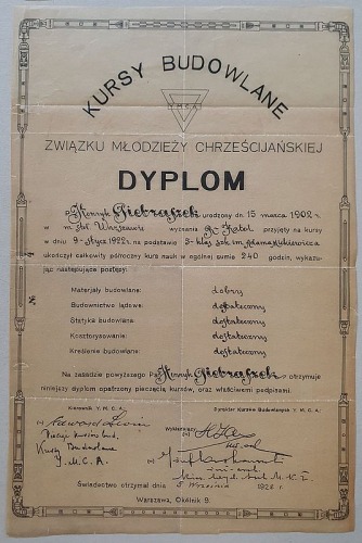 Dyplom Kursów Budowlanych Y.M.C.A. Z 1922 roku [świadectwo szkolne]