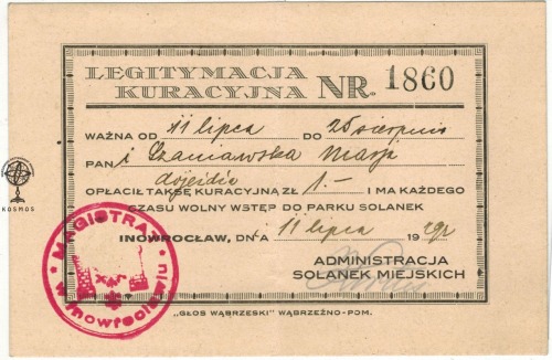 Legitymacja kuracyjna Nr 1860, Inowrocław – Solanki, 1929 rok