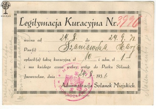 Legitymacja kuracyjna Nr 3996, Inowrocław – Solanki, 1931 rok