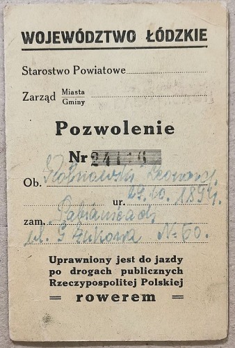 [Prawo jazdy rowerowe] Pozwolenie – uprawniony jest do jazdy …  rowerem, [Pabianice, 1948]