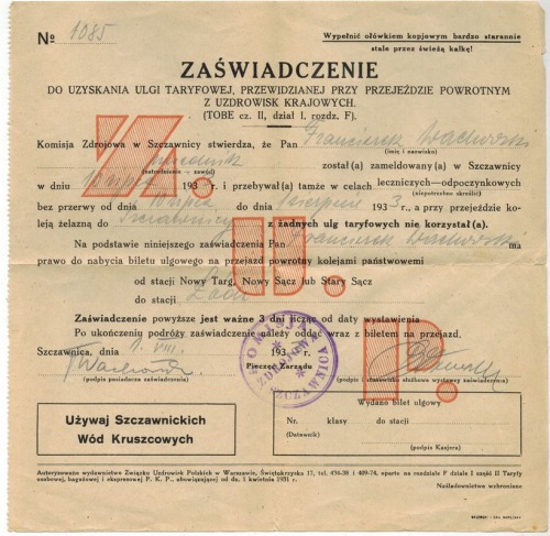 Zaświadczenie do uzyskania ulgi taryfowej na przejazd PKP, 1933 rok. Szczawnica