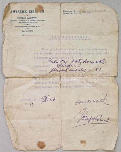 Związek Ziemian, zaświadczenie o odbytym kursie jazdy traktorem rolnym dla ślusarza, 1920 rok.
