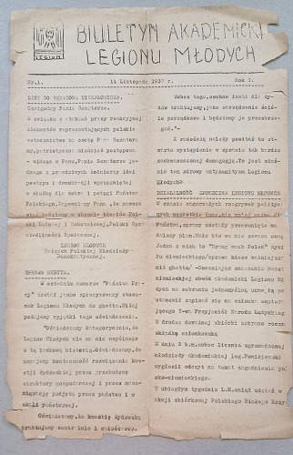 Biuletyn Akademicki Legionu Młodych. Rok I., Nr. 1., 11 Listopada 1937 r.