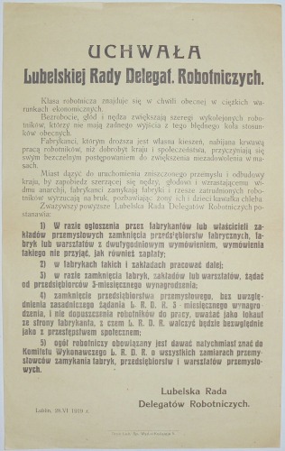 1919 - Uchwała Lubelskiej Rady Deleg. Robotniczych