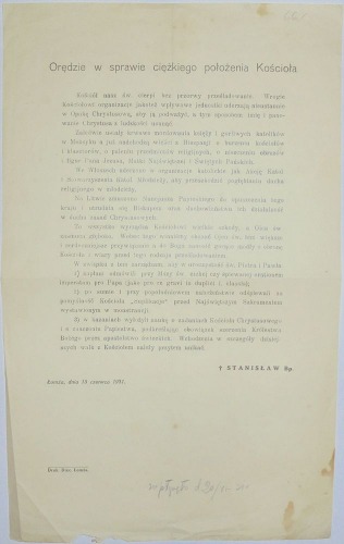 1931 - Orędzie w sprawie ciężkiego położenia Kościoła, Łomża 