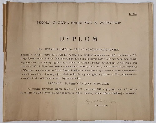 Szkoła Główna Handlowa-dyplom,1933. Podpis rektora B. Miklaszewskiego.