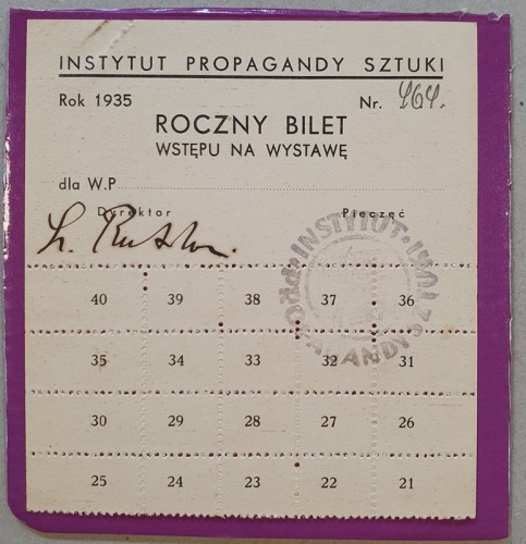/Bilet/ Instytut Propagandy Sztuki – roczny bilet wstępu na wystawę, 1935