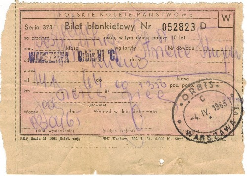 Bilet blankietowy P.K.P., ORBIS, W-wa – Strzelce Kujawskie, 1965r.